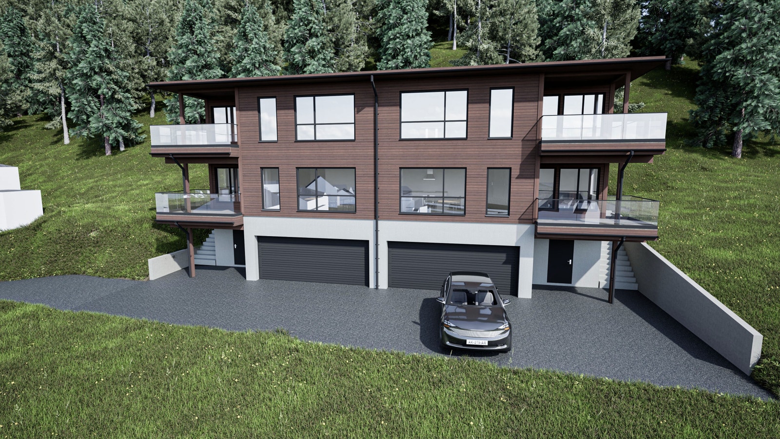 Illustrasjon av fasade. Leilighetene vil få en egen parkeringsplass i garasjekjeller. Galleribilde