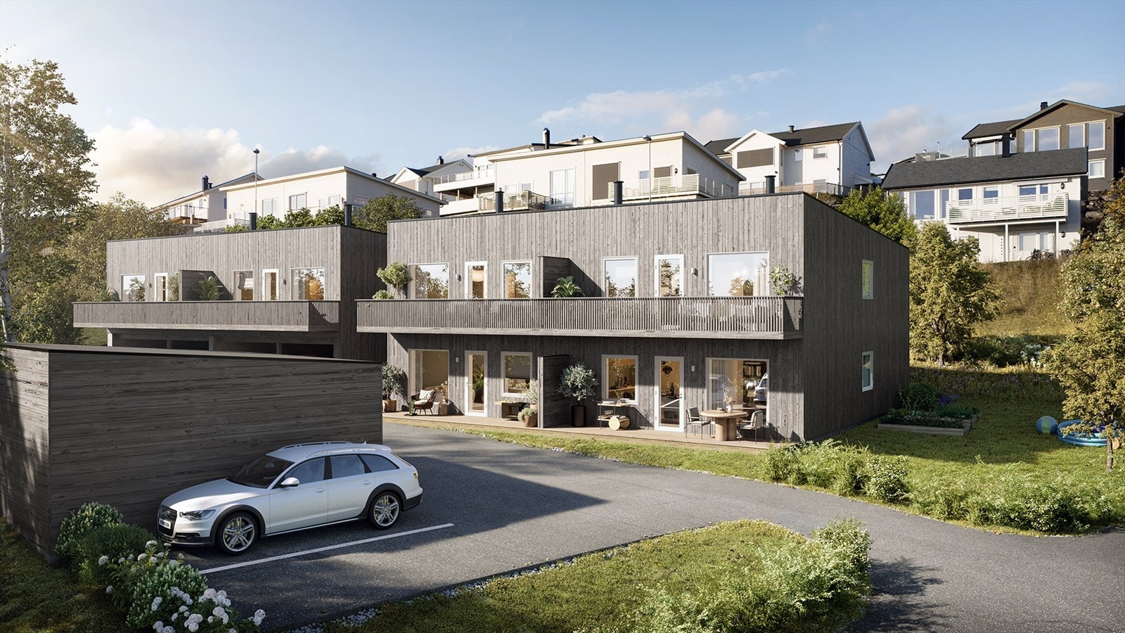 Svaleveien 6, med seks leiligheter og tilhørende carport. Galleribilde