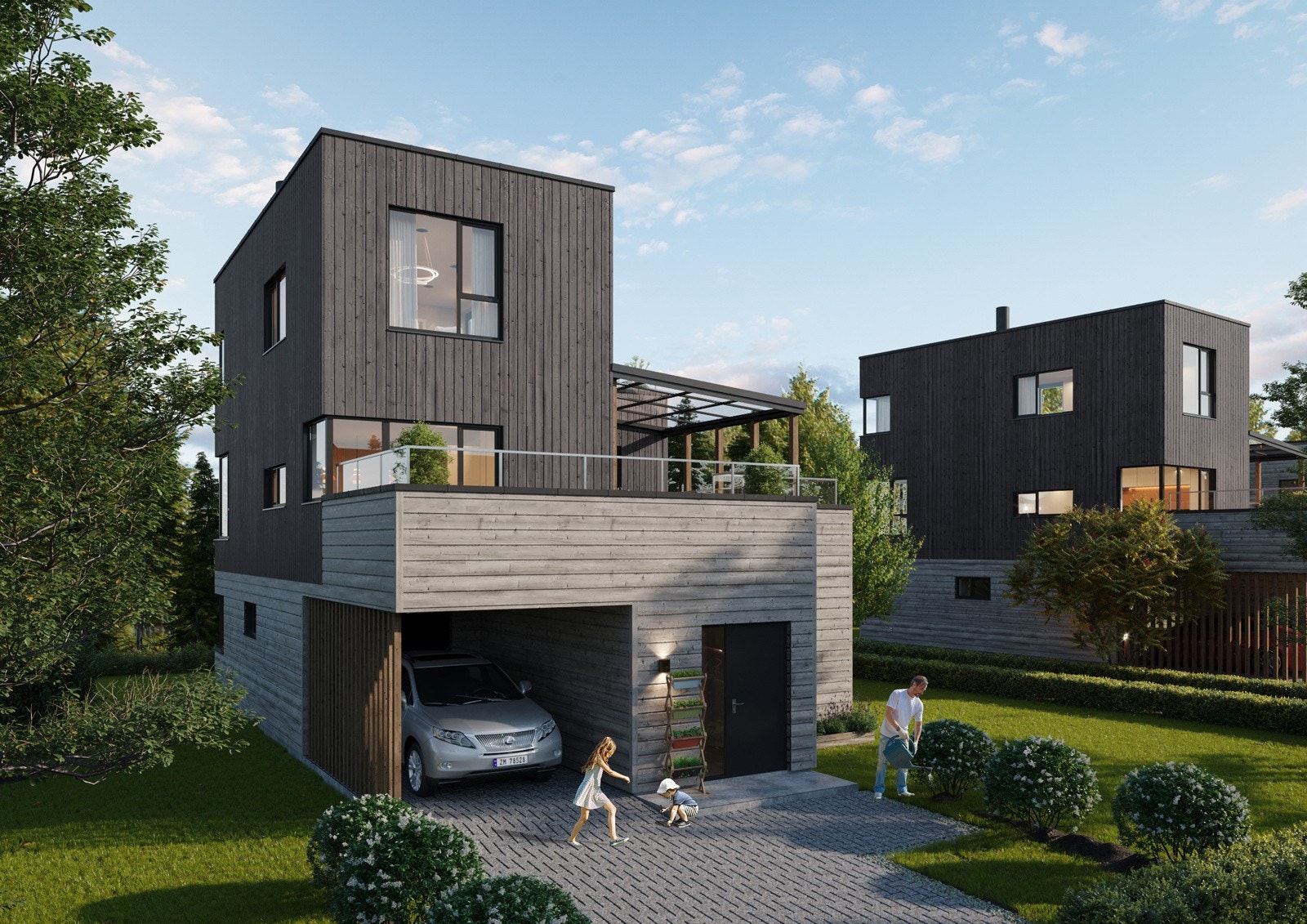 Boligene går over tre plan og har en innholdsrik planløsning. Egen eiet tomt. Parkering i carport og biloppstillingsplass på tomta. Galleribilde