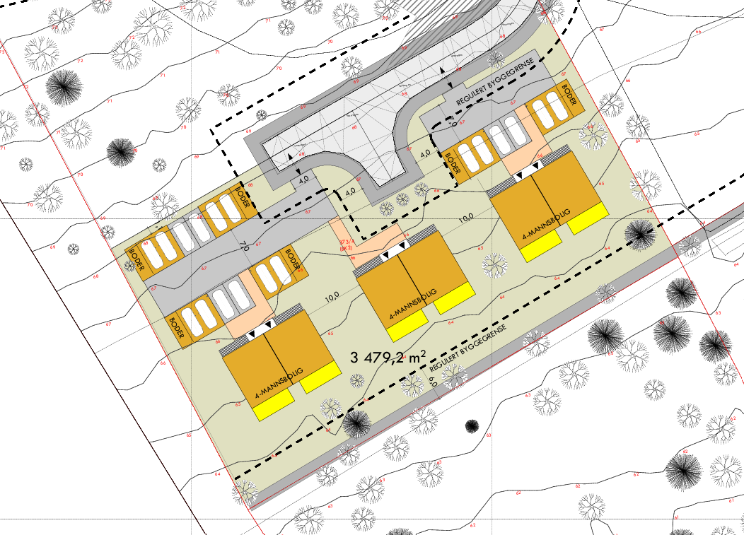 Situasjonsplan for prosjektet. Bolig 1 lengst vest, er den som er til salgs nå. Bolig 2 er i midten og bolig 3 lengst øst. Galleribilde