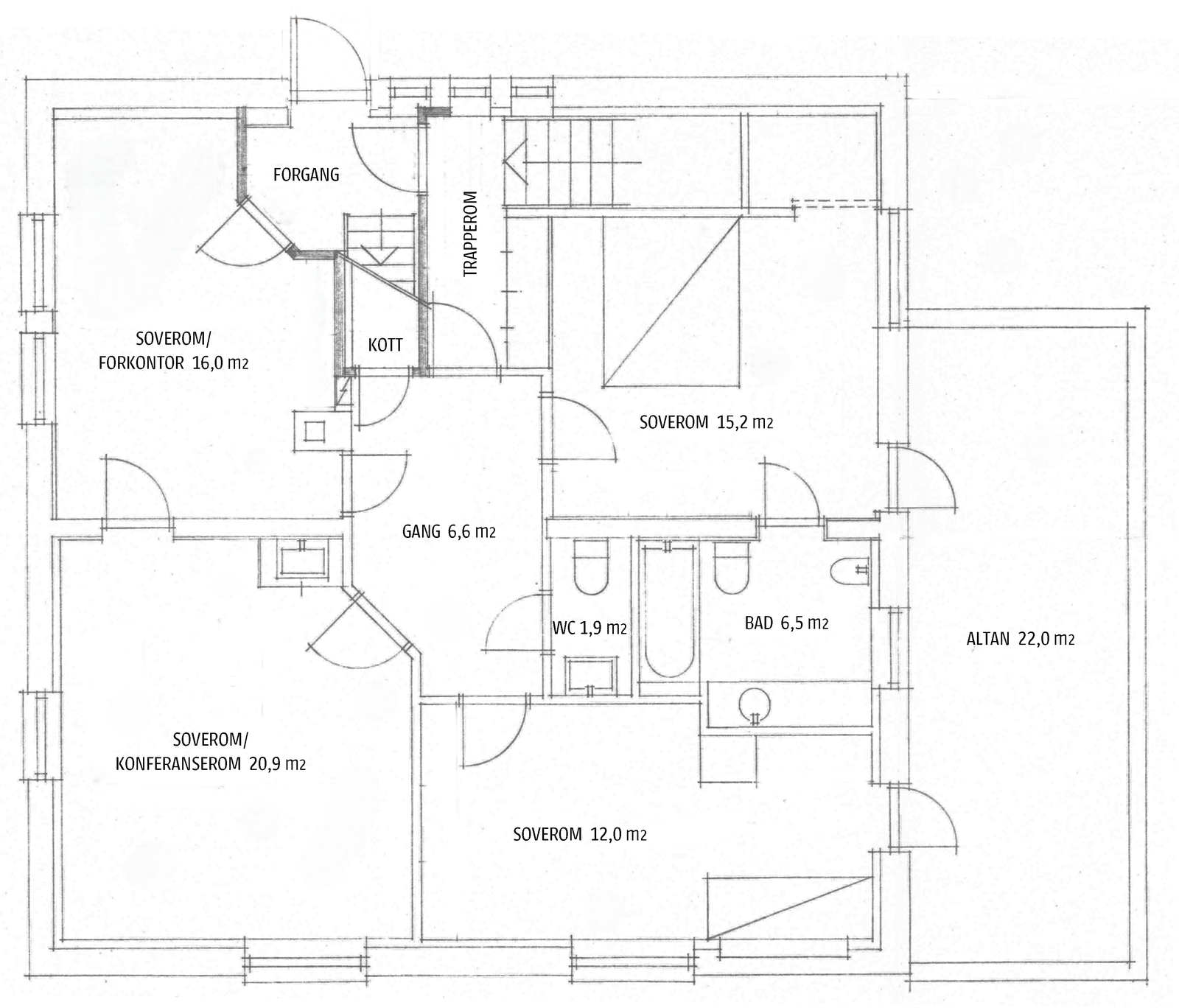 Plantegning 2. etg. 105 m2 BRA-i, 22 m2 TBA (altan).
Tegningen er kun laget for illustrasjon og har omtrentlige mål. Galleribilde