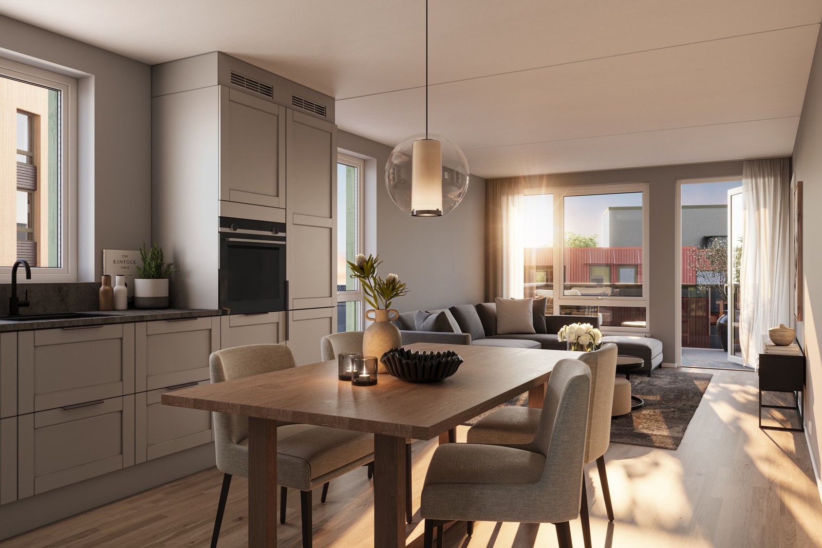 Moderne kjøkken med integrerte hvitevarer. Leiligheten vil få oppgradert gulv til 1-stavs hvitpigmentert eikeparkett. Illustrasjon, avvik vil forekomme. Galleribilde