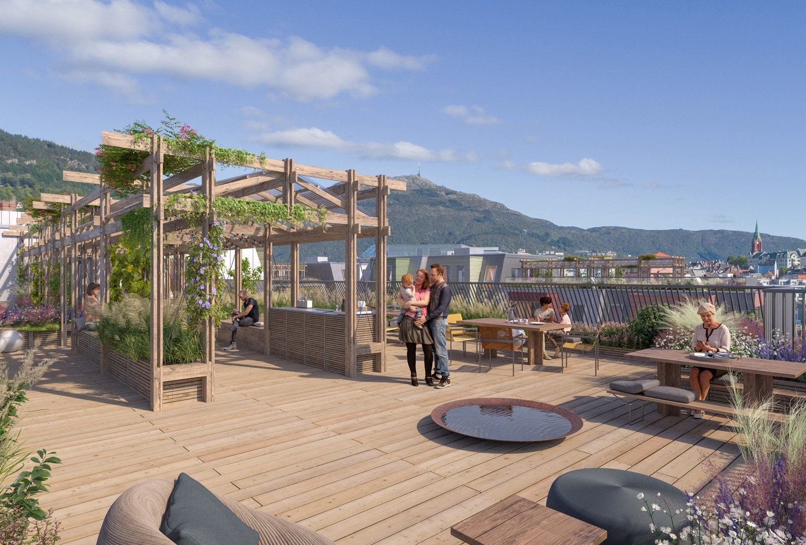 Tre felles taktakterrasser for beboerene i borettslaget. Galleribilde