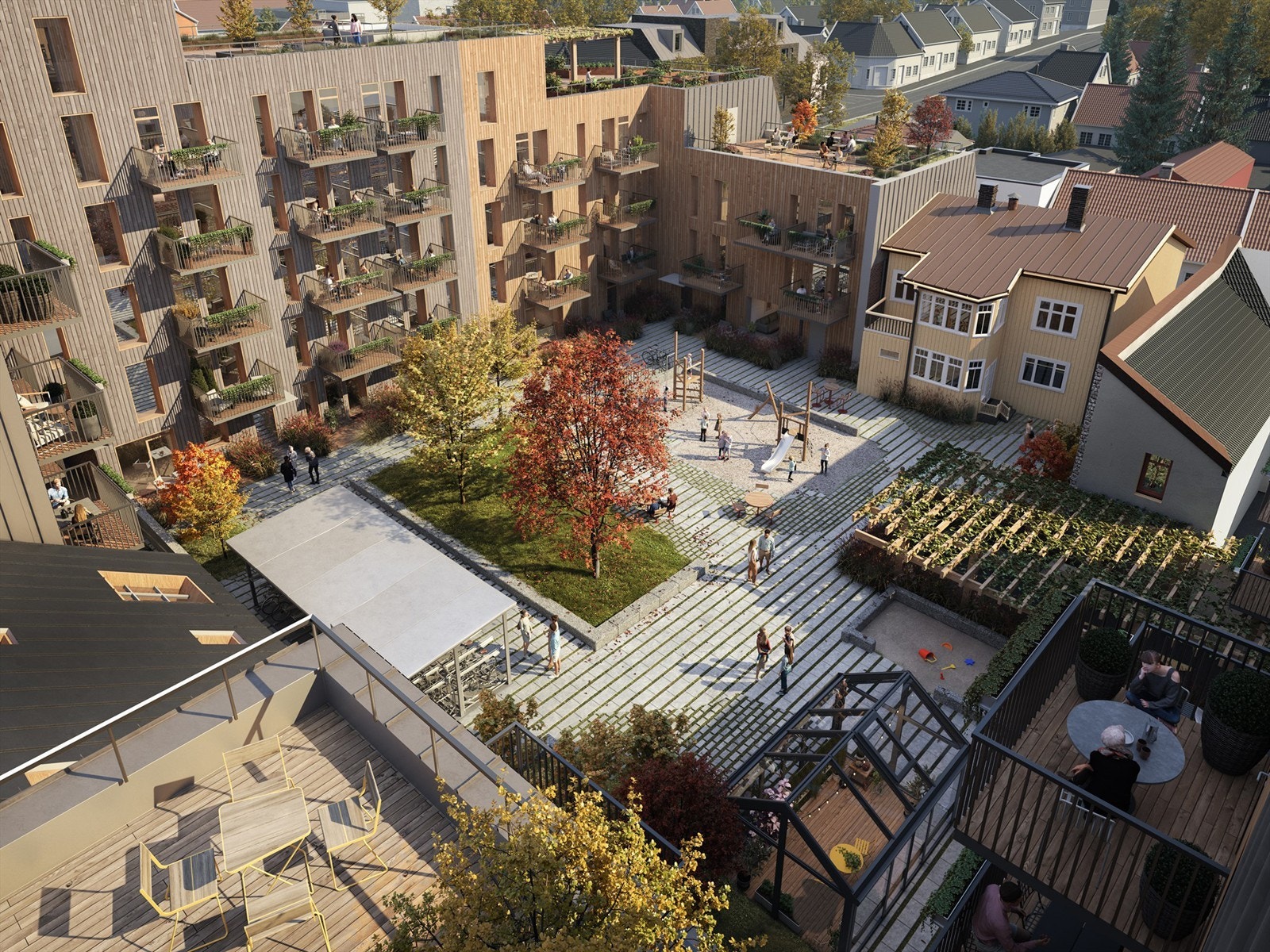 Farveriet vil by på flotte fellesarealer med en frodig og skjermet indre hage og romslige takhager Galleribilde
