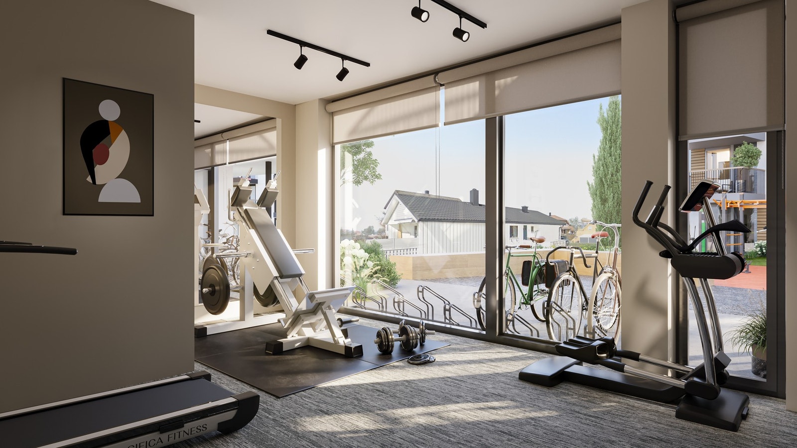 Splitter nytt treningsrom med moderne treningsapperater vil du som beboer få tilgang til! Illustrasjon, avvik vil forekomme. Galleribilde
