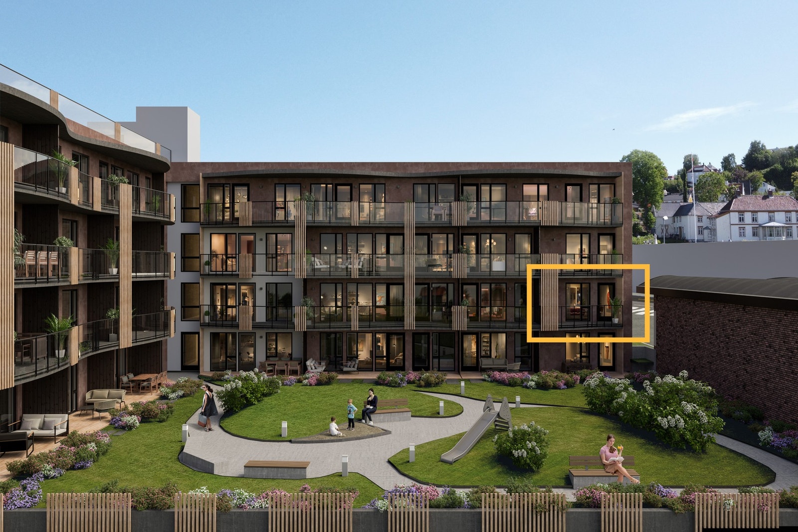 Leiligheten har en god plassering i byggets 2. etasje med hjørnebeliggenhet og vestvendt balkong vendt inn mot lun bakhage. Illustrasjon, avvik vil forekomme. Galleribilde