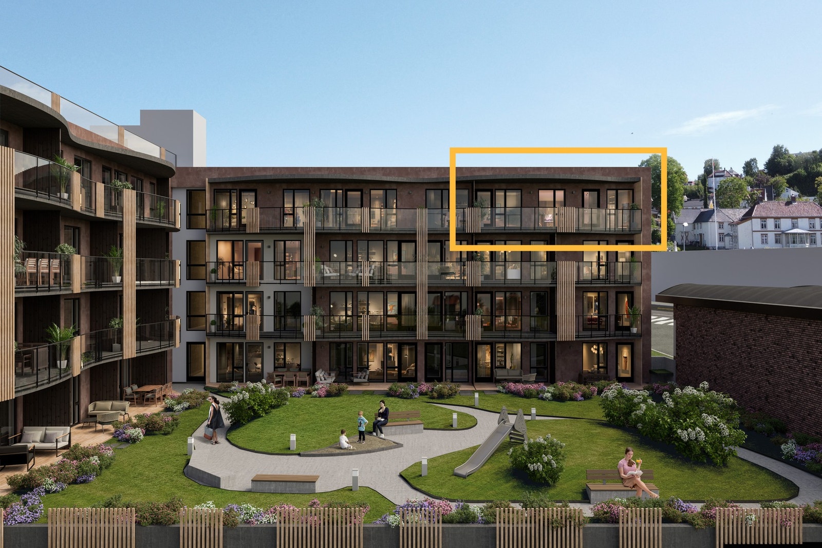 Det vil bli opparbeidet en lun bakhage for beboerne som vil oppleves som et stille og solrikt areal med kirkegårdens trær som avgrensning. Illustrasjon, avvik vil forekomme. Galleribilde