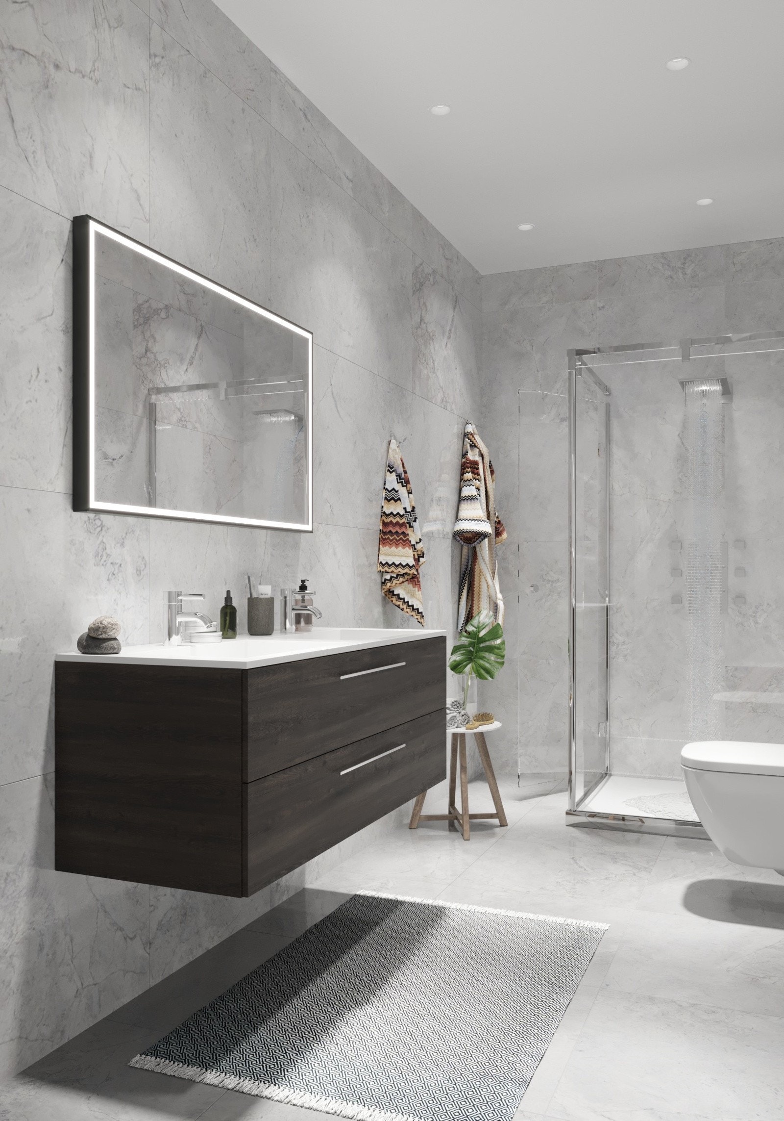 Boligen får to bad/wc. Alle badene leveres flislagt med 60x60 cm Limestone fliser på gulv og vegger i fargen Grey - et delikat fargevalg som gir en fin helhet. Galleribilde