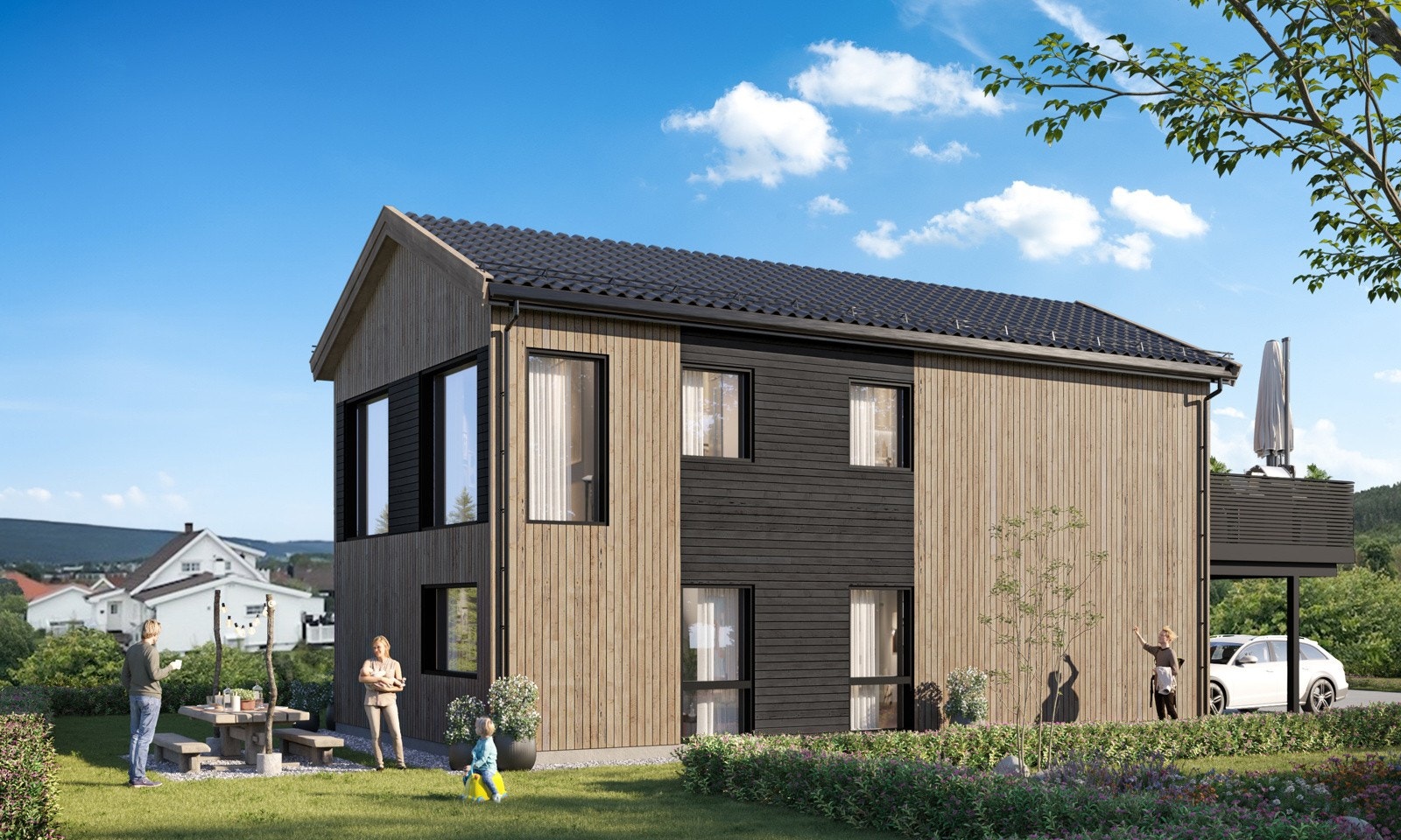 Det blir parkering i carport, samt gårdsplass. Både gårdsplassen og grunnen i carporten får gruslagt dekke. Galleribilde