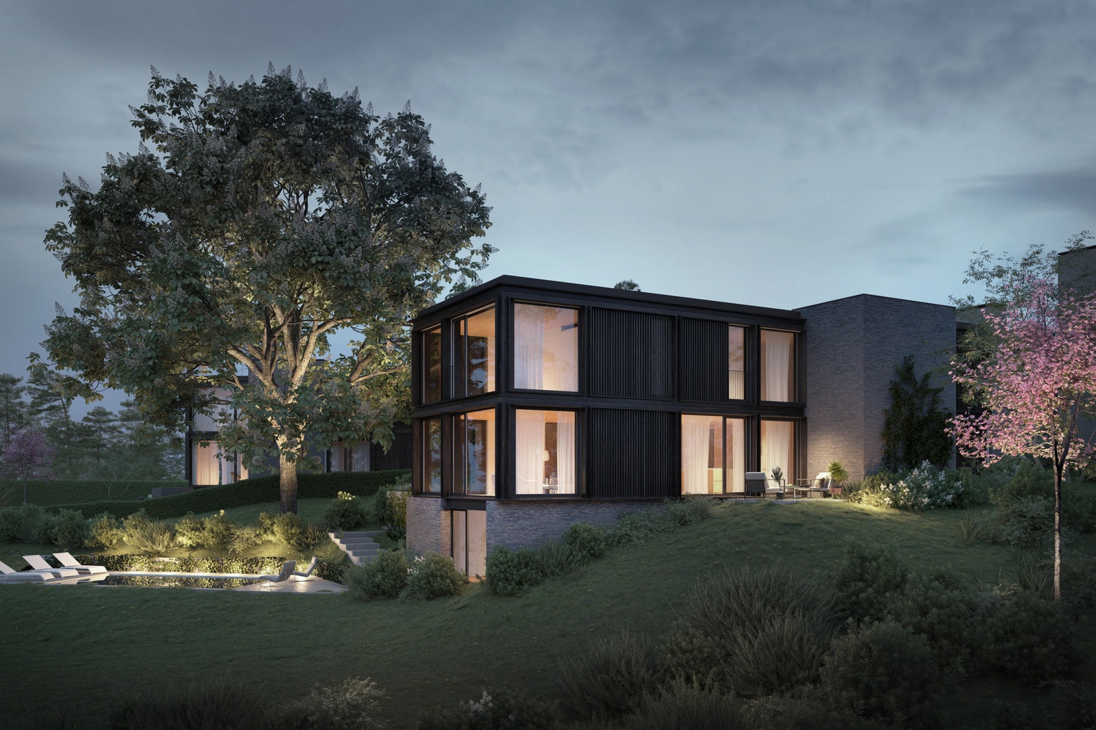 Eneboligen er tilpasset tomtens typografi, vegetasjon og utearealer (Illustrasjon avviker noe iht terrenget) Galleribilde