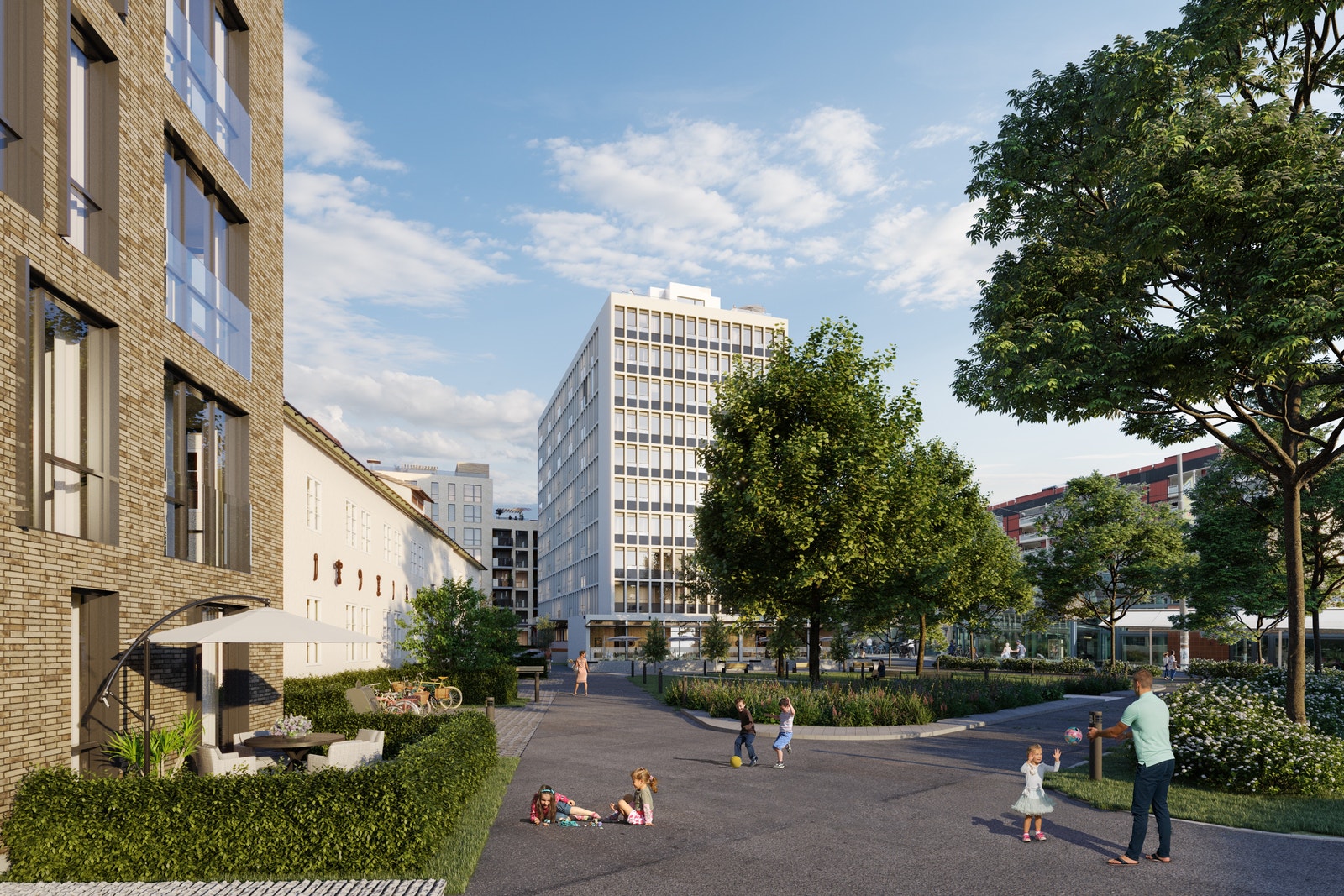 Nærmeste hjørne av Høyblokka. Illustrasjon fra uteområde mellom Høyblokka og Administrasjonsblokka. Avvik vil forekomme Galleribilde