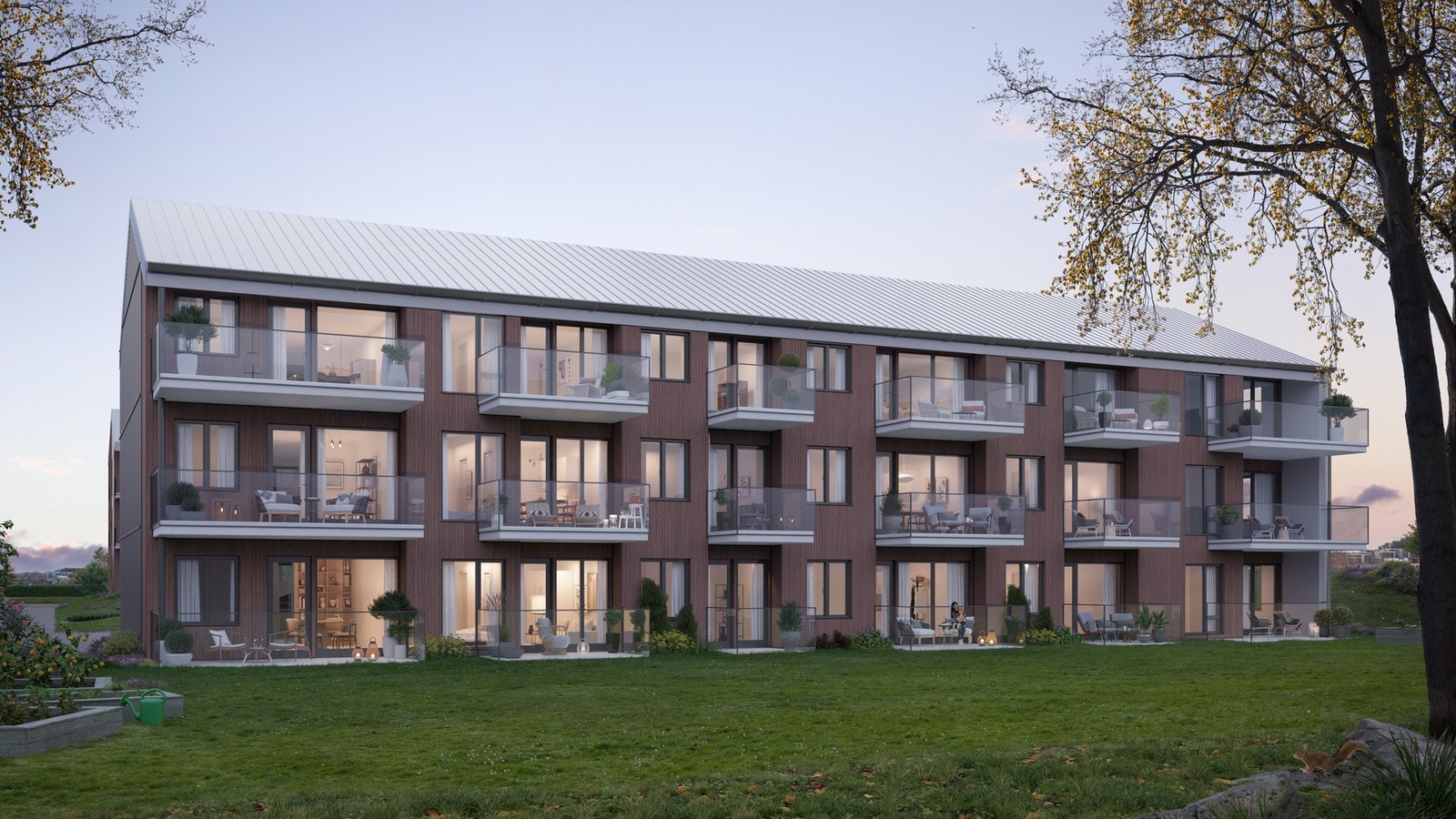 I det godt etablerte nabolaget rundt Angelltrøa Hovedgård kommer 44 nye leiligheter, alt bygges i et byggetrinn. Når leiligheten din står ferdig, er også resten av prosjektet klart | Illustrasjon Galleribilde