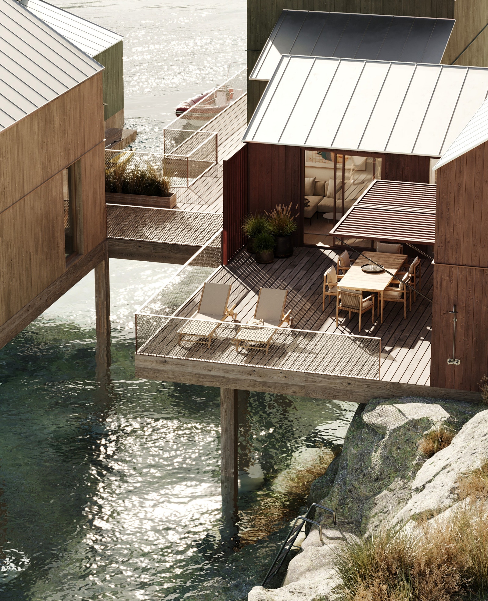 Med krystallklart vann på tre kanter og en lagune i midten, vil sjøen alltid være tett på. Alle hyttene i lagunen vil få store, private utearealer Galleribilde