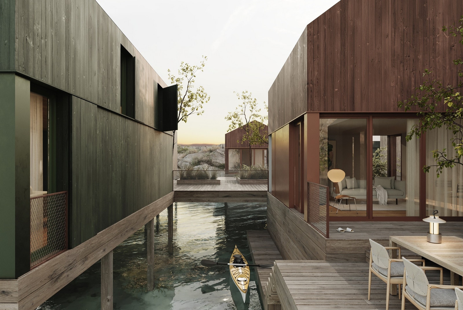 Enhetene i lagunen følger landskapet og vil bli plassert på pæler. Her vil du kunne stupe rett fra bryggen eller dyppe tærne i havet med morgenkaffen i hånden Galleribilde