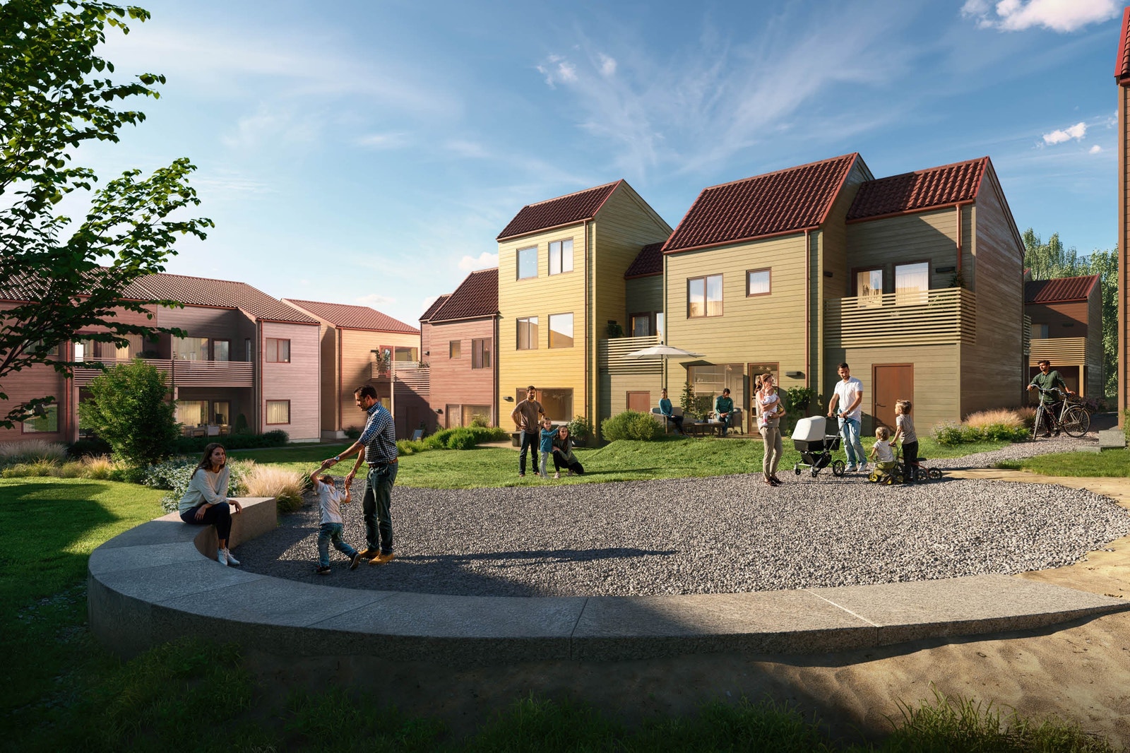 Rekkehusene får hage, terrasse, balkonger og garasje, og påkostede fellesområder. Illustrasjon av rekkehus 50-52 Galleribilde