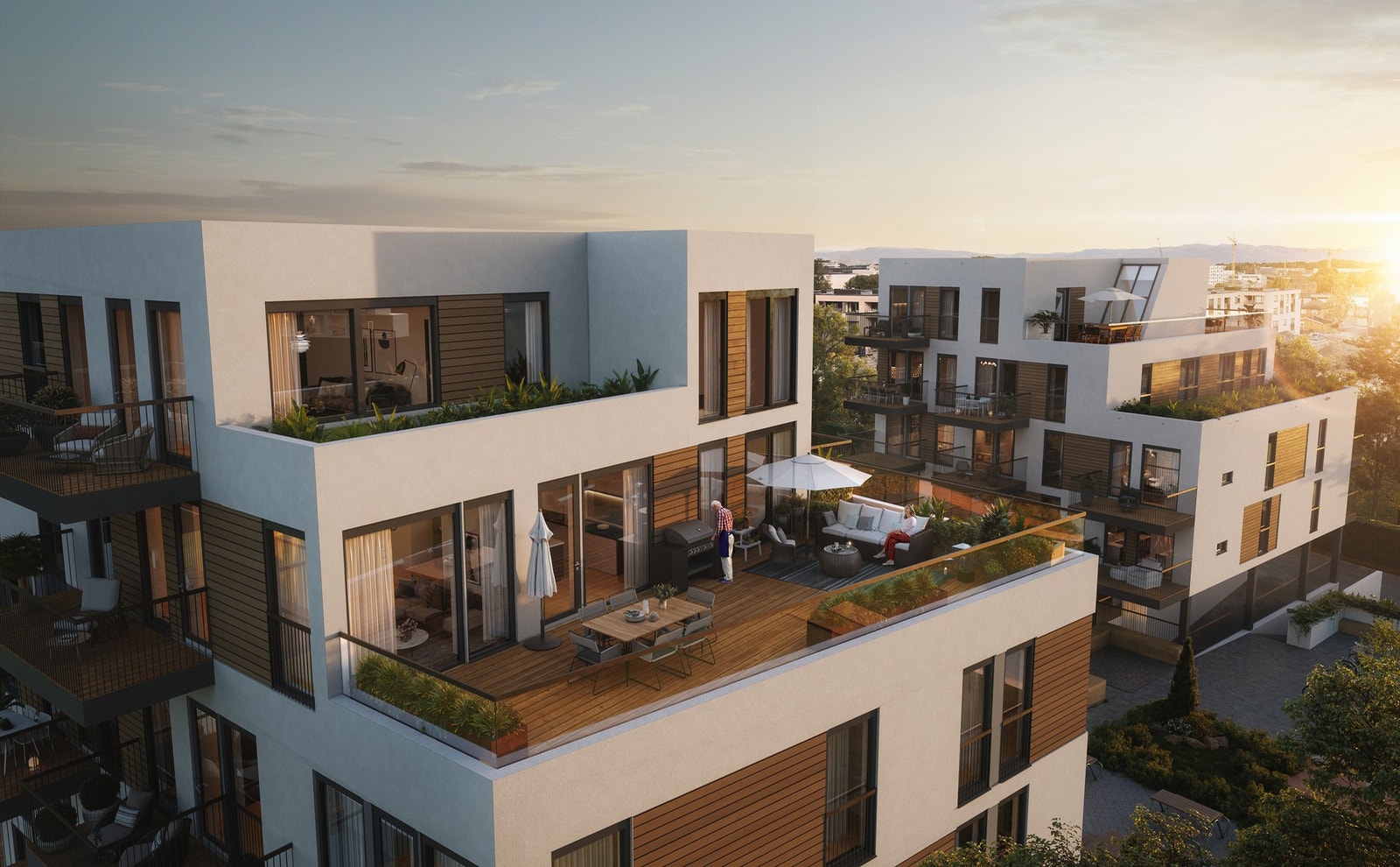 Prosjektet er ferdigstilt, og visning er mulig. Ta kontakt med megler. Illustrasjon av takterrasse på leilighet C401. Avvik vil forekomme. Galleribilde