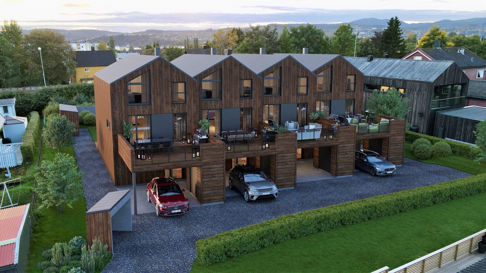 Rekkehuset har en fin endebeliggenhet i rekken (til venstre). Parkeringsplass i carport, samt en praktisk bod ved inngangsparti. Illustrasjon, avvik vil forekomme. Galleribilde