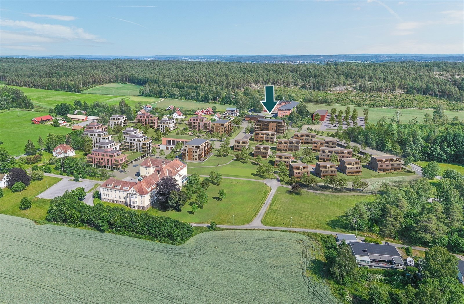 Oversiktsbilde over utbyggingsplaner Veum Hageby. 13 nye leiligheter kommer for salg. 2-4 roms. Galleribilde