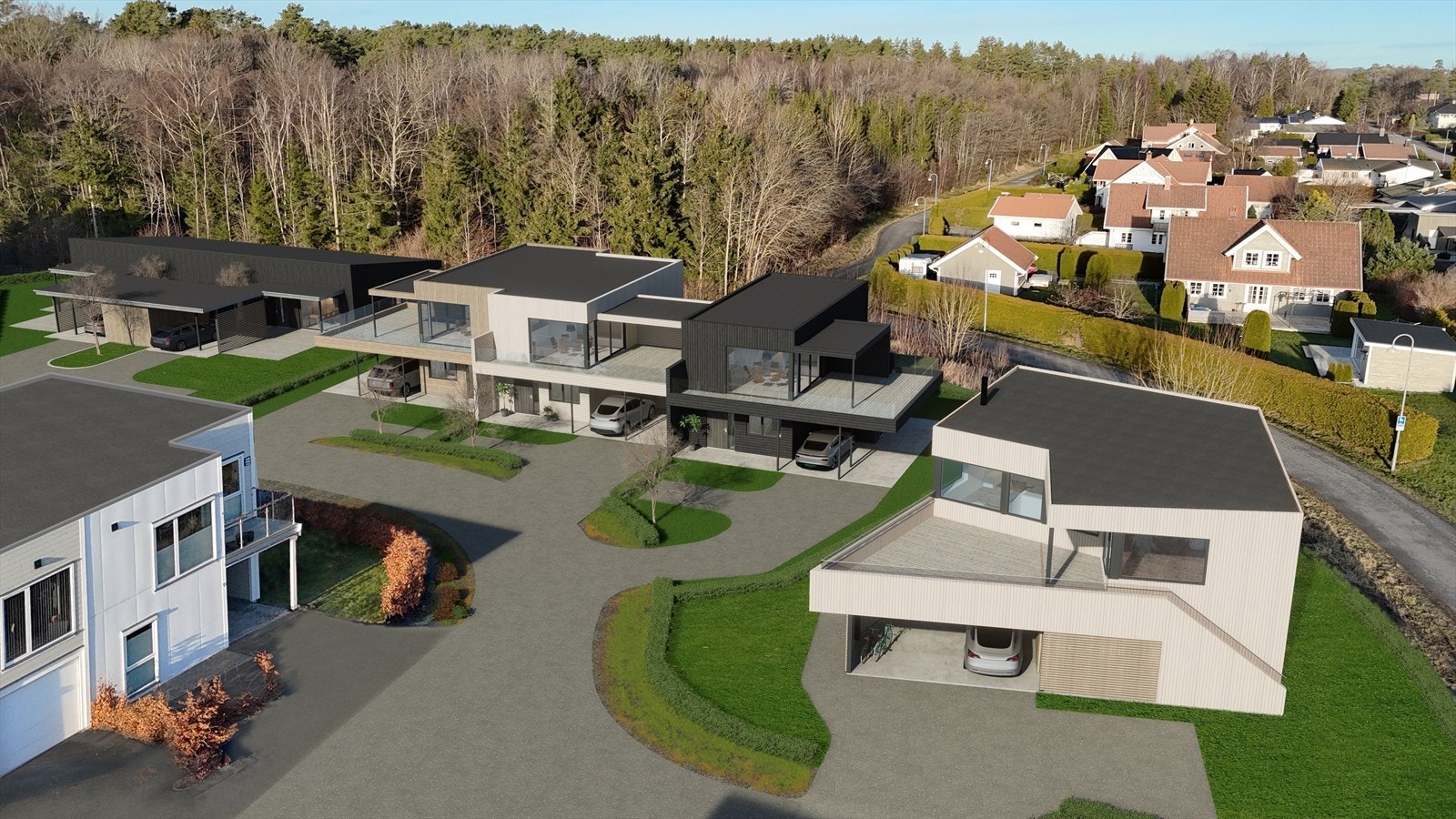 Det skal bebygges 3 tomter i området, med en frittliggende enebolig, 3 enebolig i kjede samt denne tomannsboligen Galleribilde