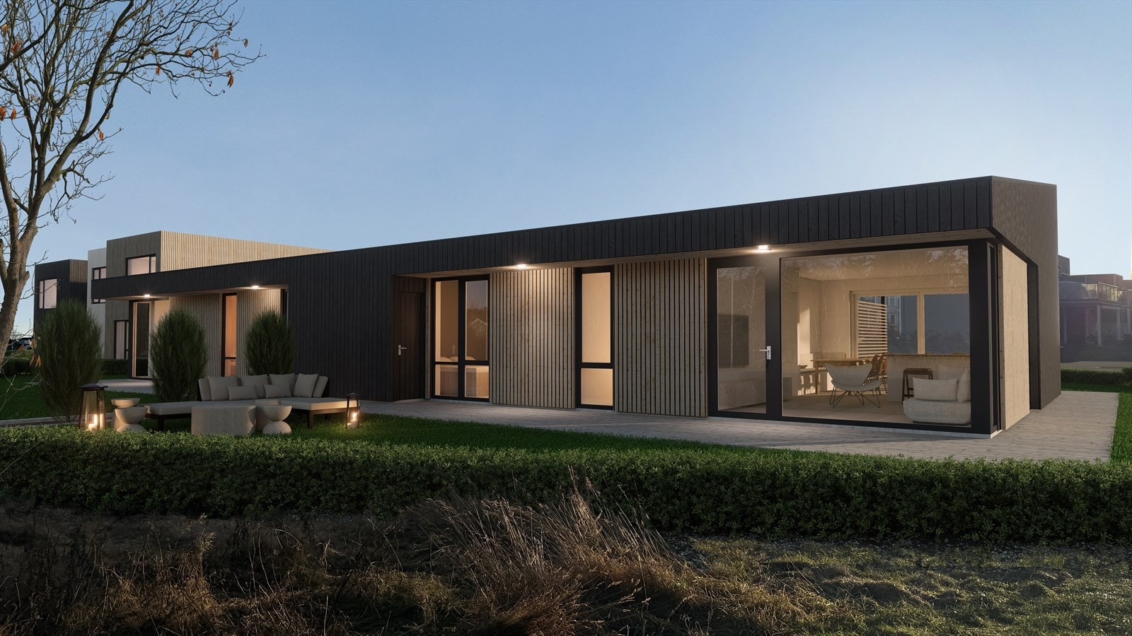 Moderne lettstelt tomannsbolig med alt på en flate. Store terrasser rundt boligen. Galleribilde