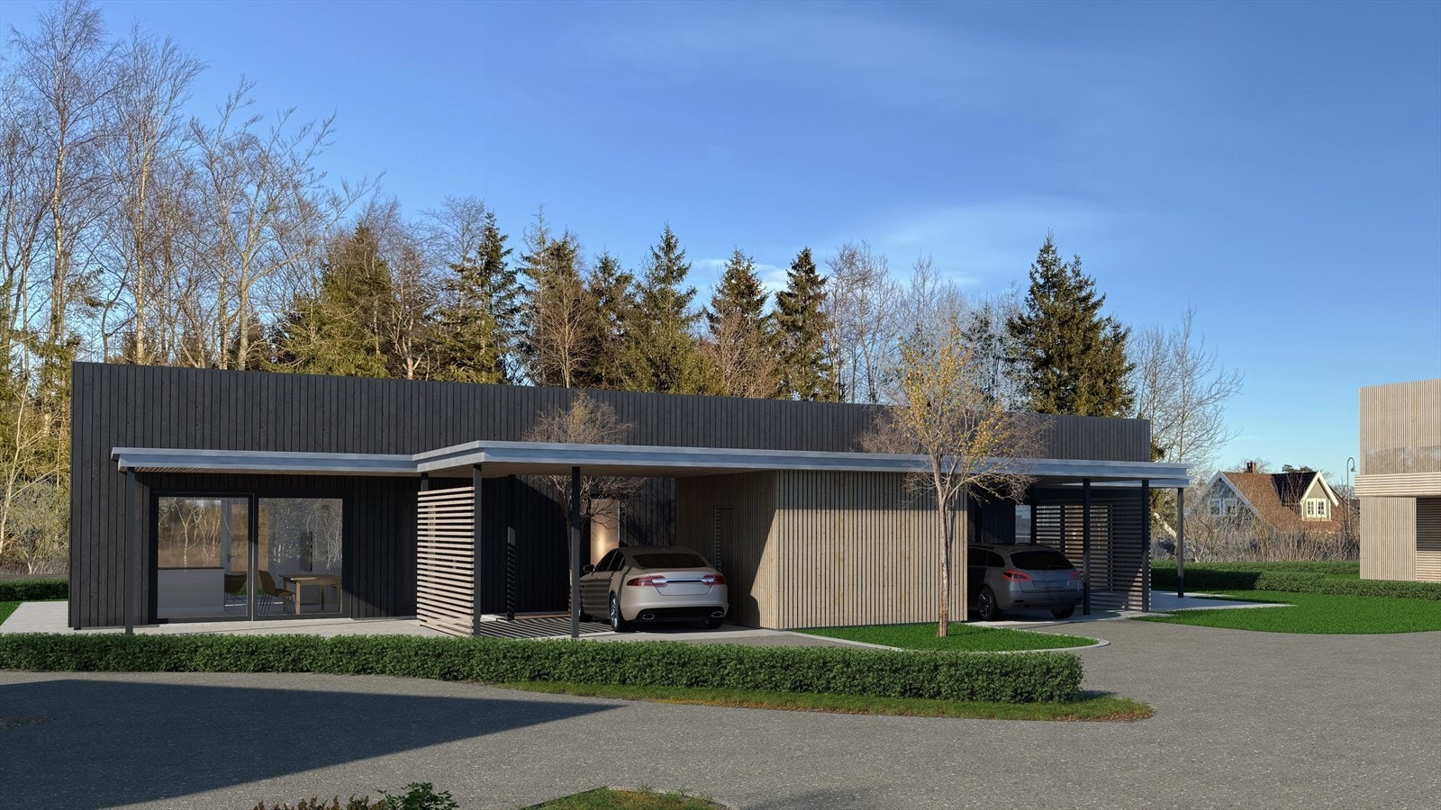 Tomannsboligen leveres med carport og utebod ved inngangspartiet Galleribilde