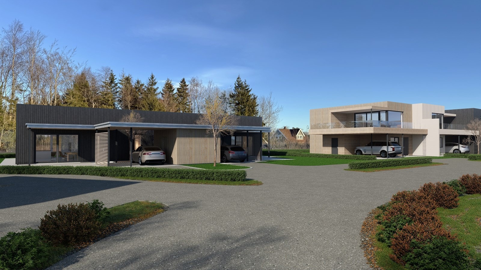 Inngangsparti. Leilighetene får stue/kjøkken som er gjennomgående i bygget - med uteplass rundt 3 sider av bygget Galleribilde