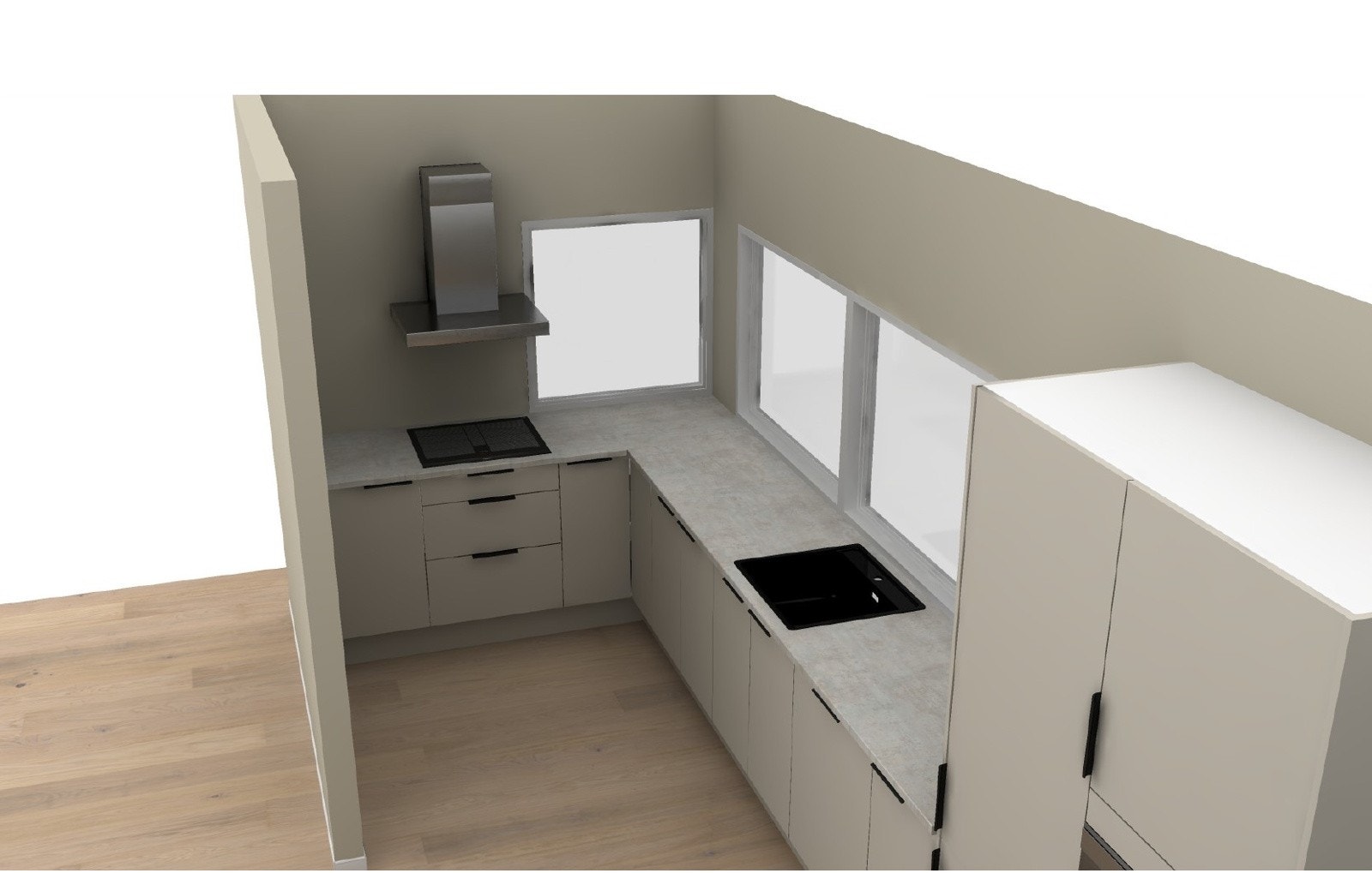 Det er integrerte hvitevarer som platetopp, kjøleskap, oppvaskmaskin og stekeovn. Galleribilde