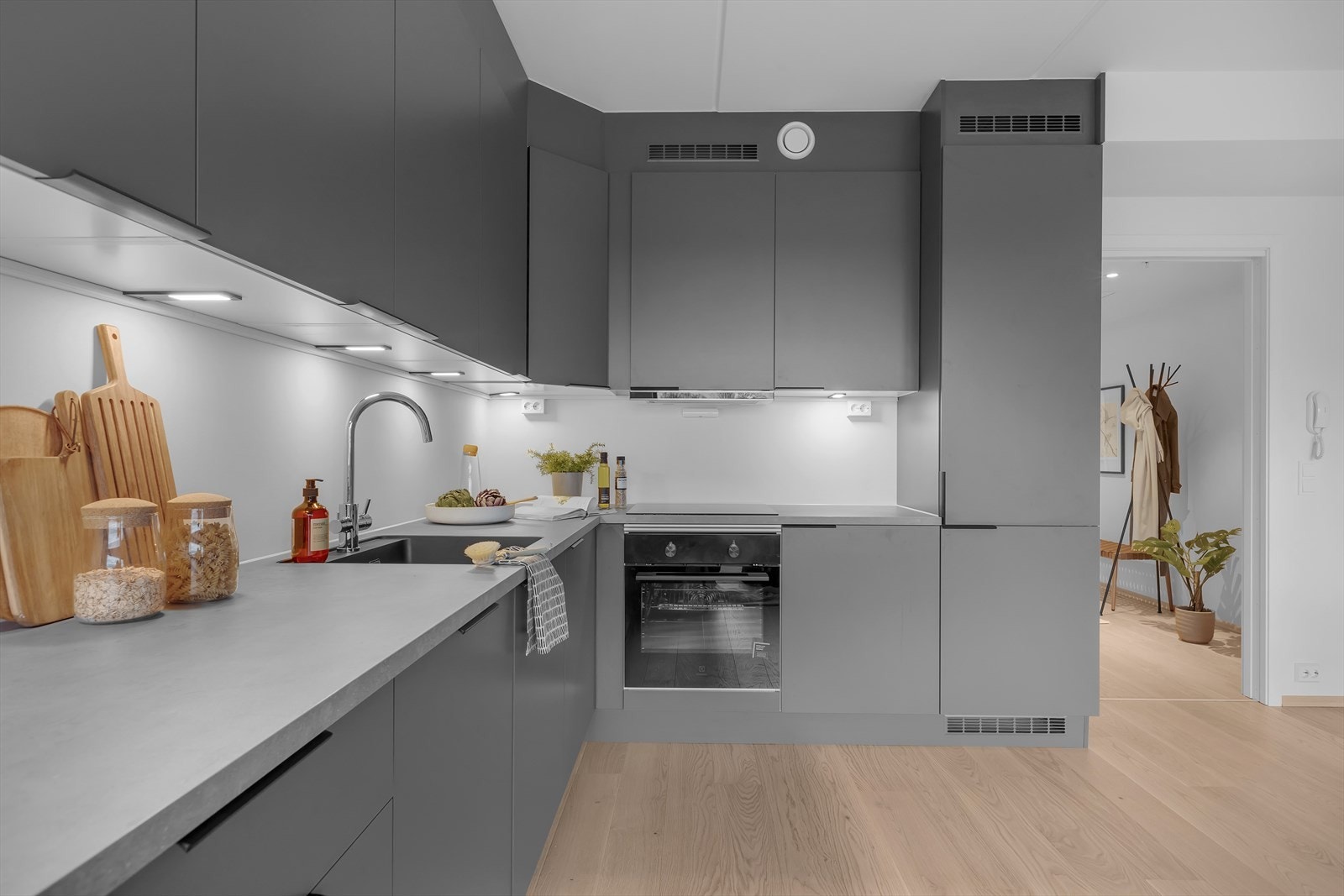 Oppvaskmaskin, komfyr, induksjonstopp og kjøleskap med frys Galleribilde