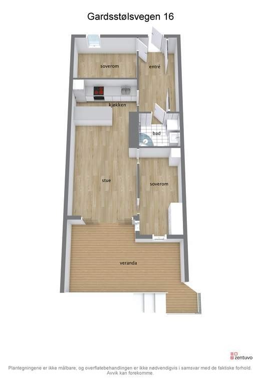 Leilegheita har følgande innhald: entrè, stove/kjøkken i opa løysing, to soverom og bad/vaskerom. I tillegg er det bod i kjellaren. Galleribilde