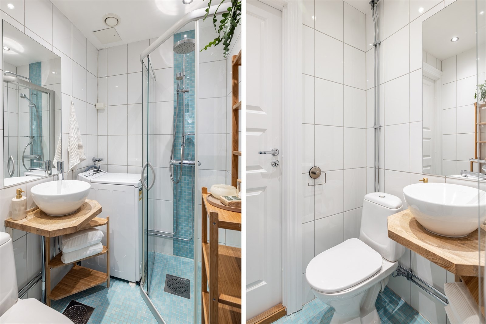 Funksjonelt flislagt bad med opplegg for vaskemaskin Galleribilde