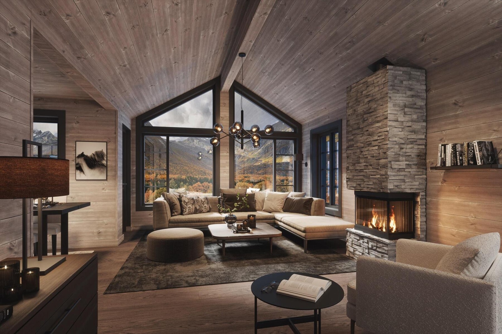 Panoramavinduer strekker seg helt opp til mønet i stuen. Illustrasjon stue Galleribilde