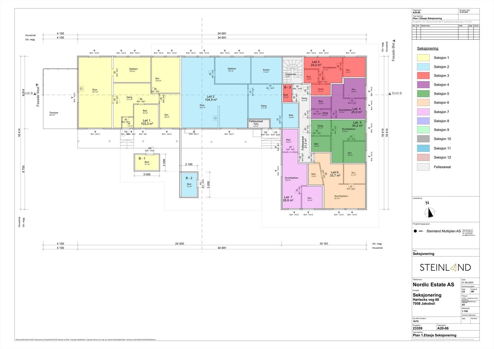 Sameiet består av 11 seksjoner, fordelt på 1. etasje og sokkel. (seksjon 1 og 8 er pr. i dag en seksjon). Galleribilde