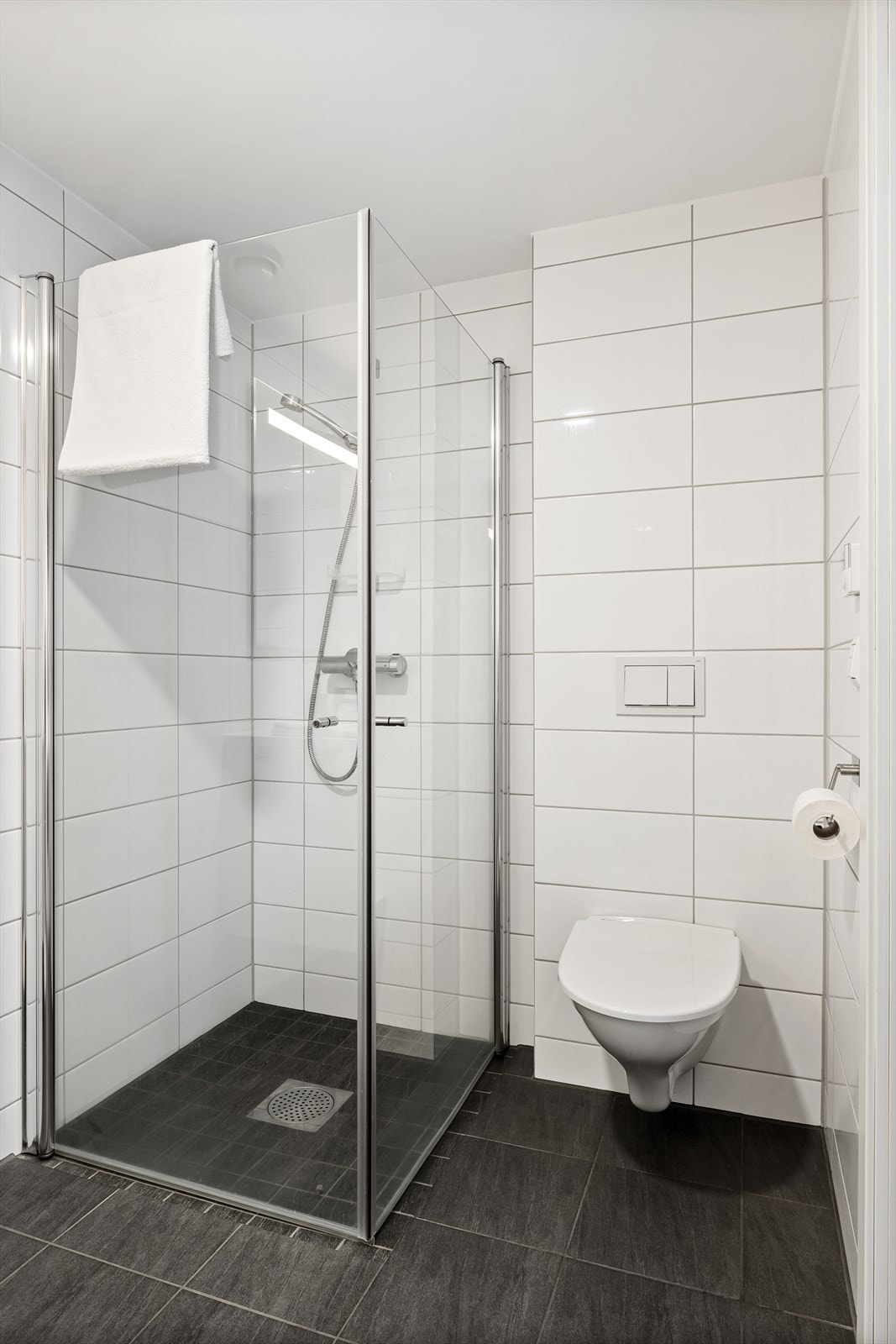 Vegghengt toalett, samt dusj med dusjvegger som kan slås inn. Galleribilde