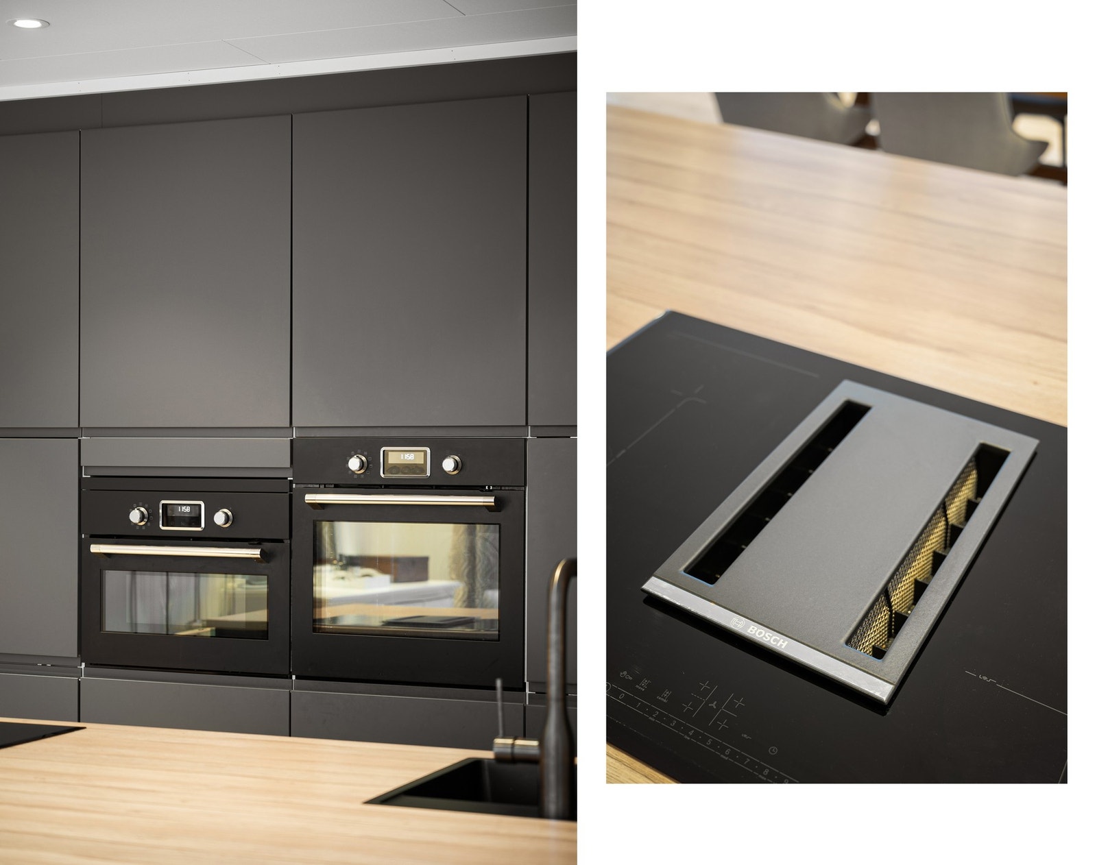 Her er det integrert stekeovn og kombiovn, koketopp med integrert ventilator og komfyrvakt, oppvaskmaskin og kjøleskap Galleribilde