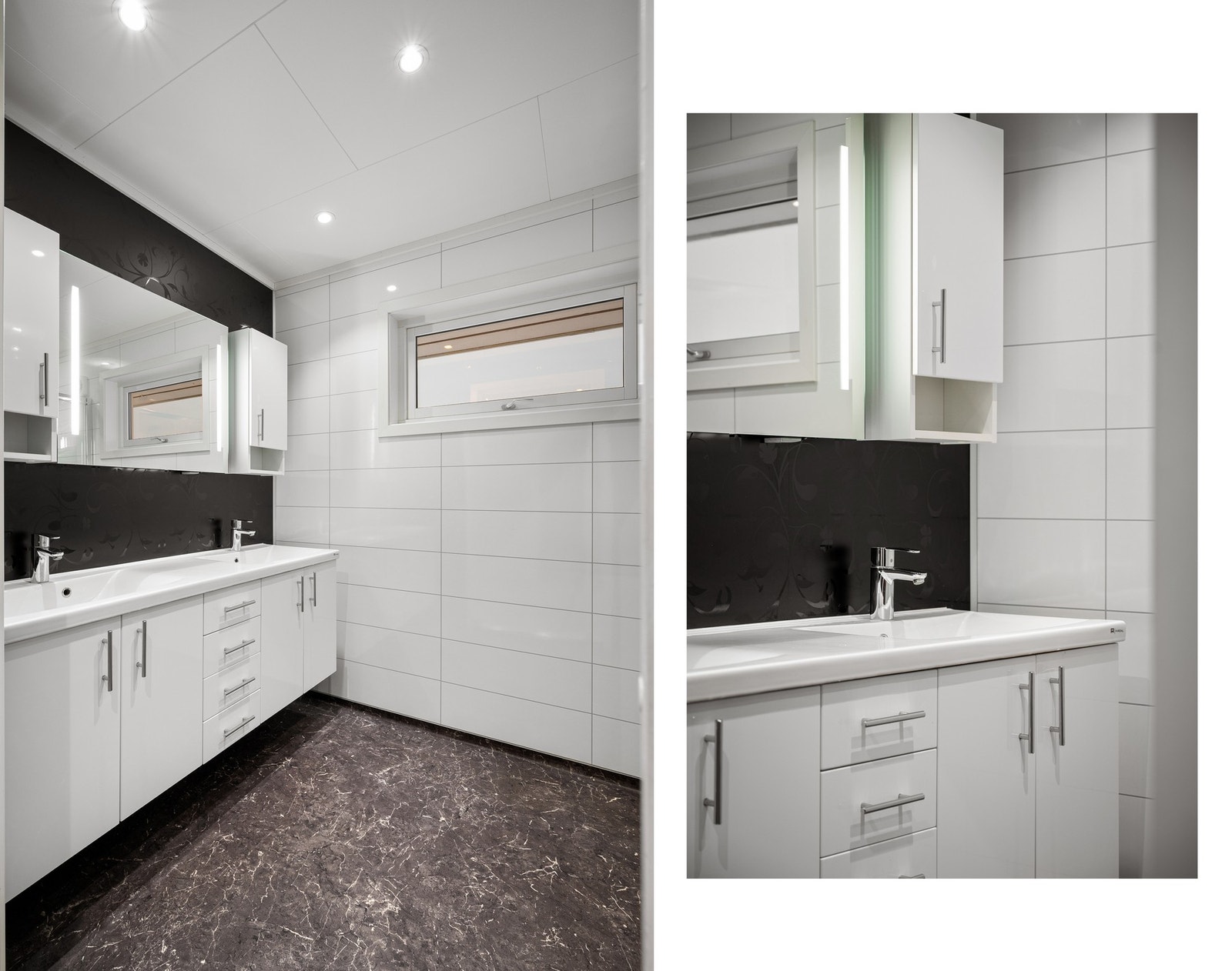 Badet er oppgradert i 2013 i pen og tidløs utførelse og inneholder dobbel servantinnredning, wc og dusjhjørne Galleribilde