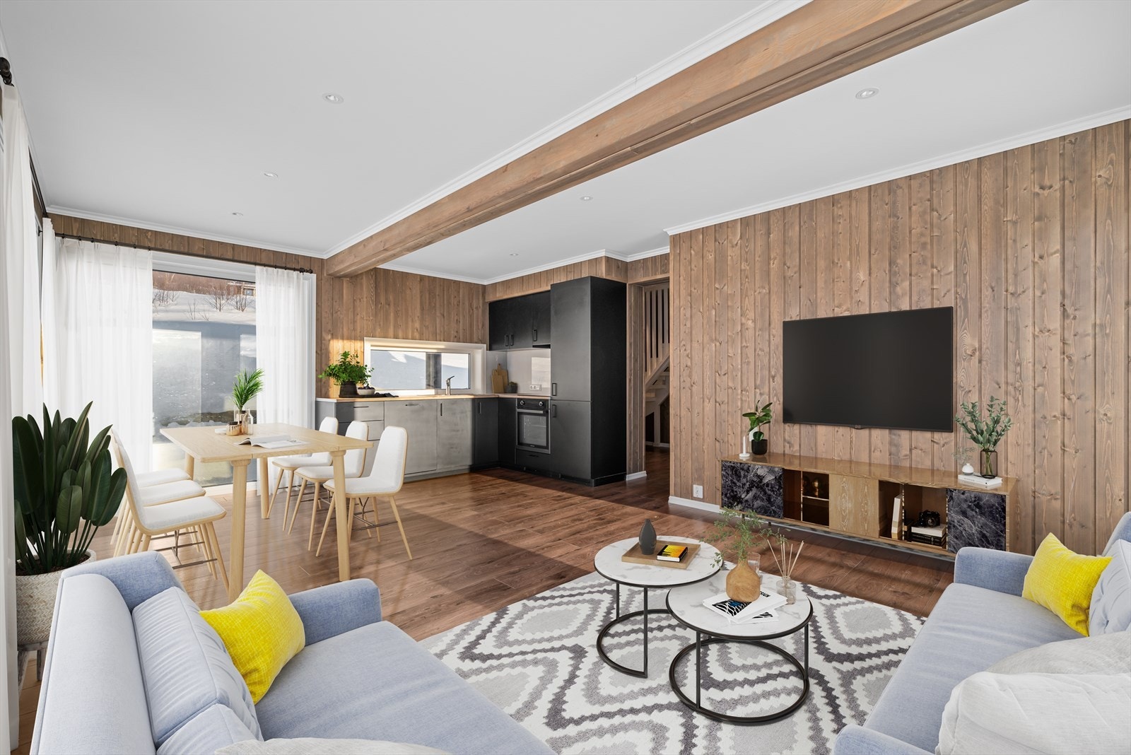 Det er utstrakt bruk av downlights, som skaper både god belysning og en behagelig atmosfære (bildet er digitalt møblert) Galleribilde