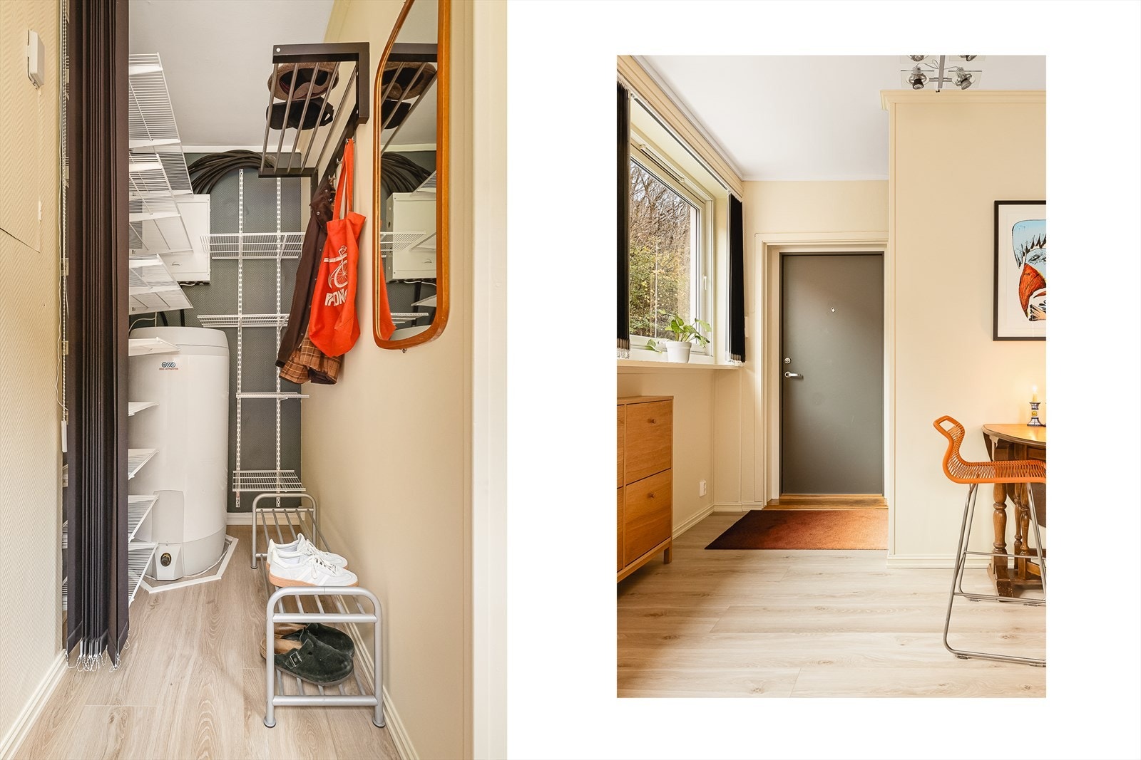 Ved entré er det eget innhuk med oppbevaringsløsninger. Her er også varmtvannbereder plassert med synlig fuktsensor. Galleribilde