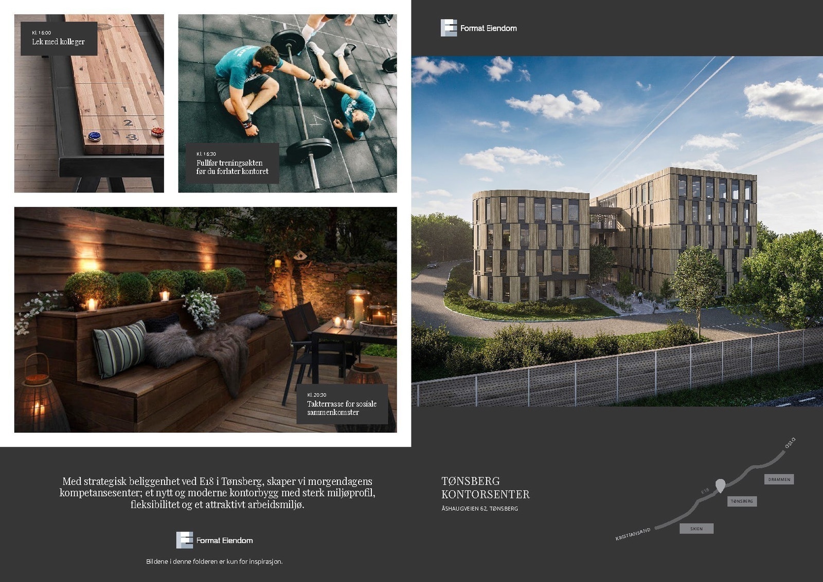 Sykkelparkering, kantine, treningsrom, garderober, minglingsområde, shuffleboard, takterrasse, gratis parkering, elbil pool mm. Galleribilde