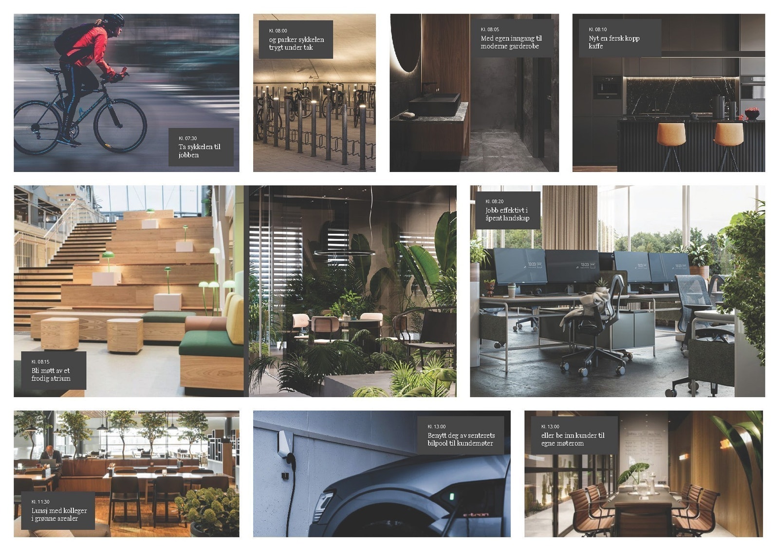 Sykkelparkering, kantine, treningsrom, garderober, minglingsområde, shuffleboard, takterrasse, gratis parkering, elbil pool mm. Galleribilde