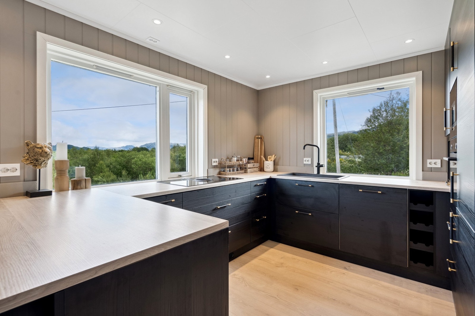 Her får du stekeovn og mikro fra Siemens, kombinert kjøl- og fryseskap fra Gorenje og oppvaskmaskin fra AEG. Induksjonstopp fra NikolaTesla med kullfilter. Galleribilde