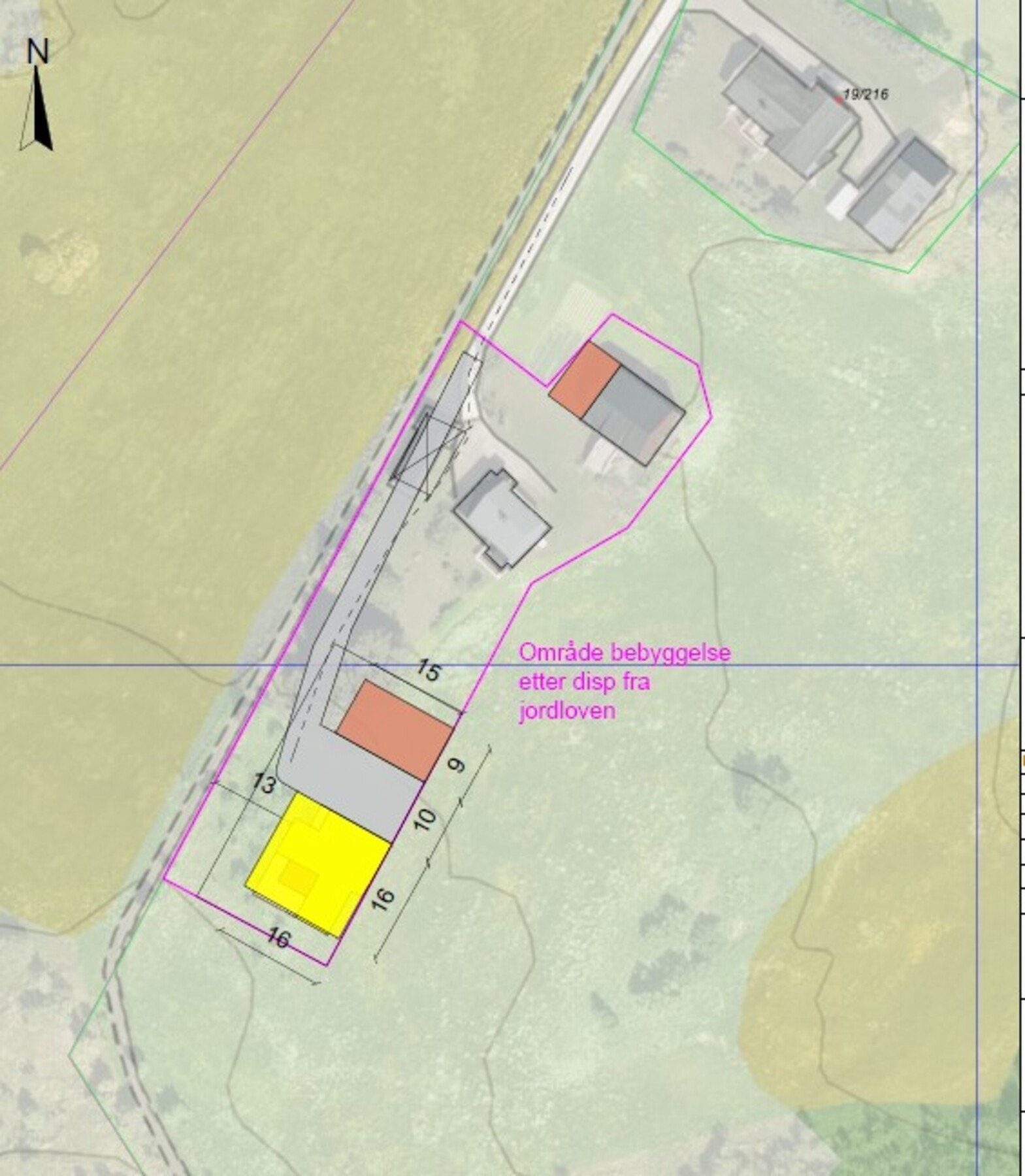Bilde/illustrasjon av situasjonsplan for disp for oppføring av ny enebolig og redskapshus. Galleribilde