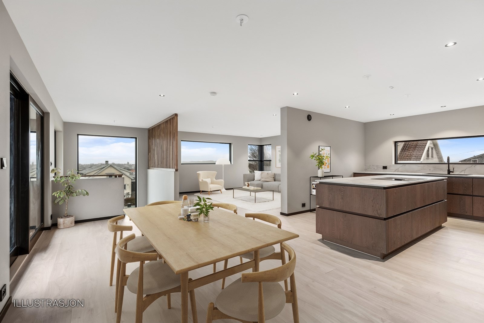 Den åpne løsningen gjør stuen og kjøkkenet til et sosialt og hyggelig allrom. Galleribilde