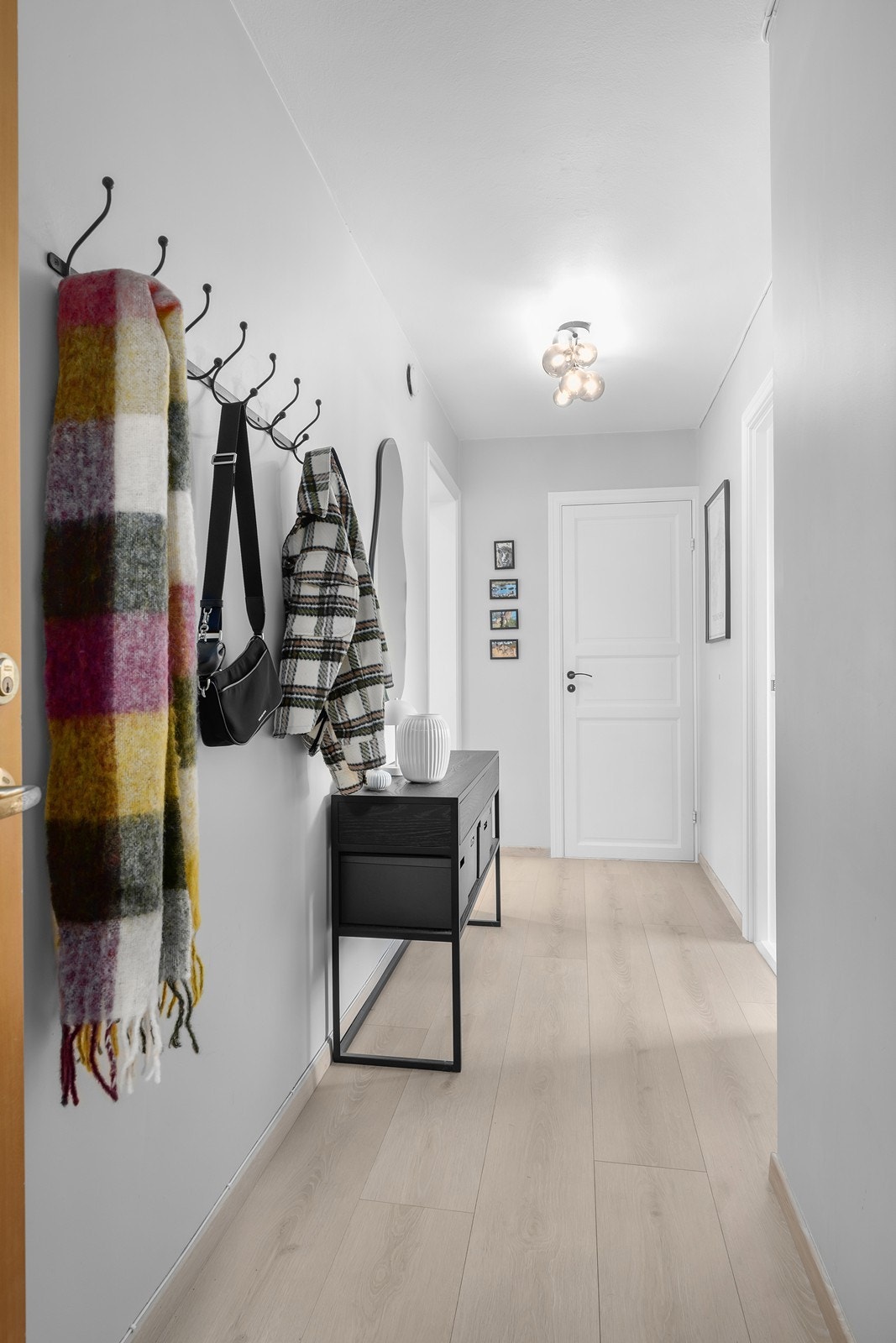 Velkommen inn - gangen gir et godt førsteinntrykk av leiligheten og har nyere laminatgulv - noe som er gjennomgående for alle oppholdsrommene i leiligheten Galleribilde