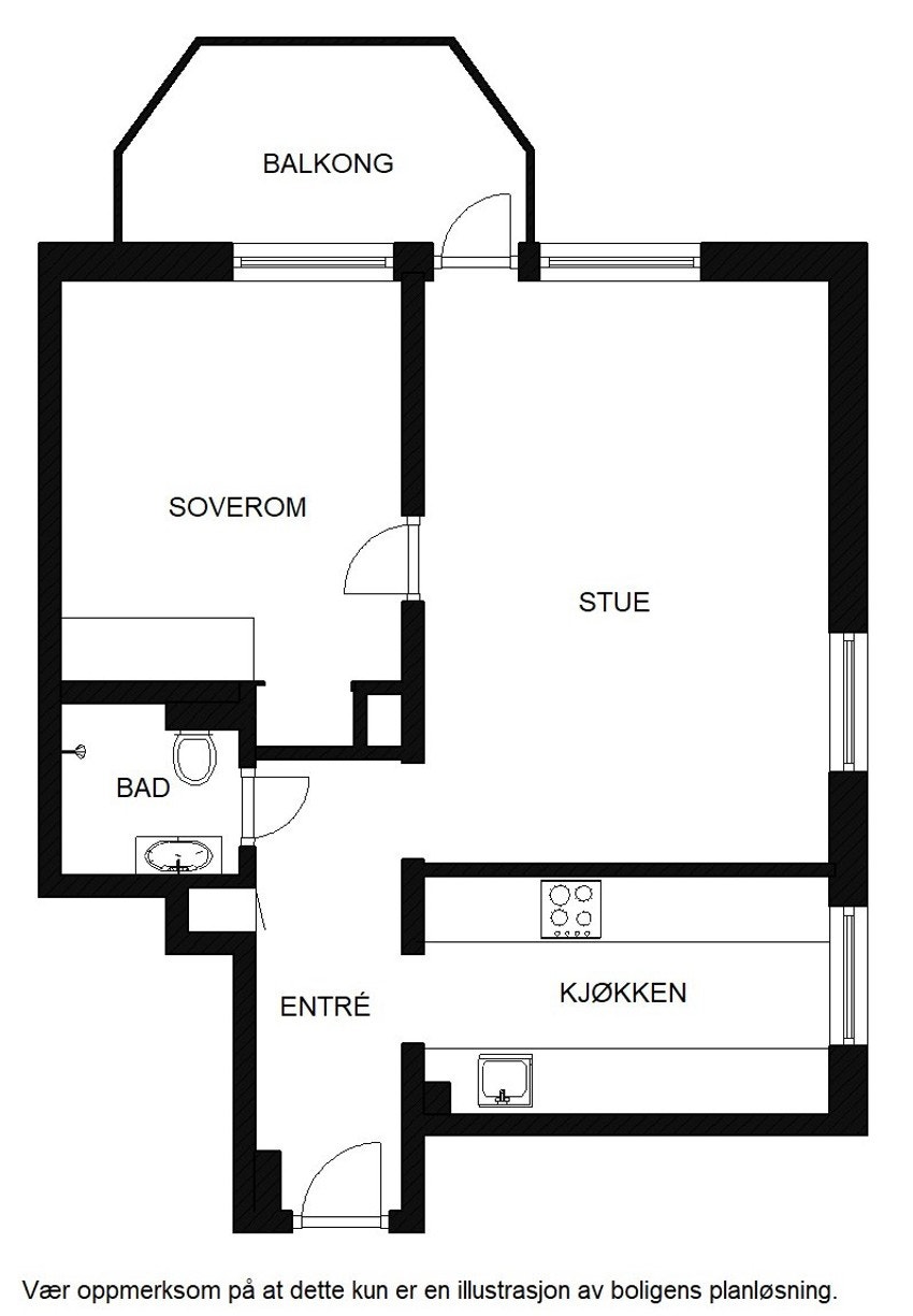 Planskisse. Utover overnevnte areal disponerer leiligheten loftsbod på 3,5 m² og kjellerboder på hhv. 1,6 og 1,7 m². Galleribilde