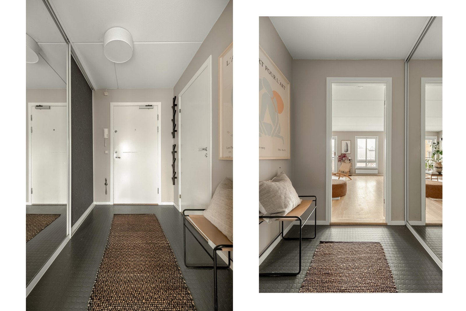 Innbydende inngangsparti med gode oppbevaringsmuligheter i stor skyvedørsgarderobe. Galleribilde