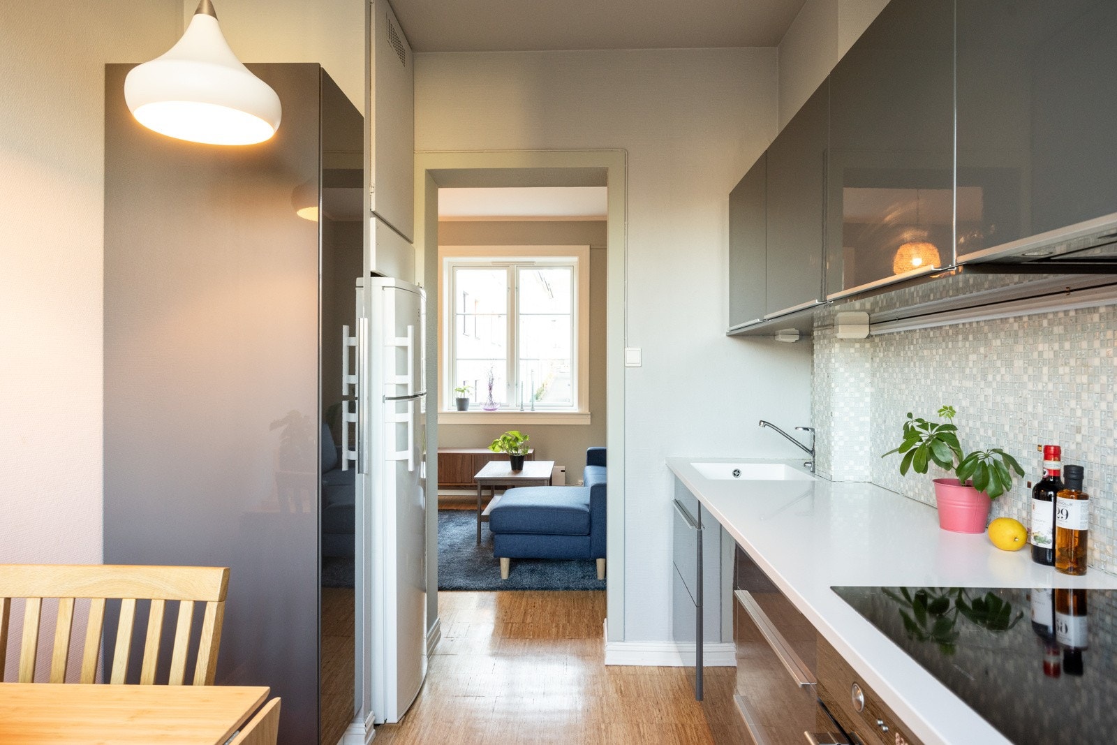 Hvitevarene består av induksjonstopp, stekeovn, oppvaskmaskin og kjøleskap med fryser. Galleribilde