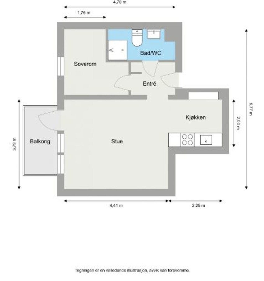 Plantegning. Leiligheten ligger i byggets 3. etasje med heisadkomst. Galleribilde