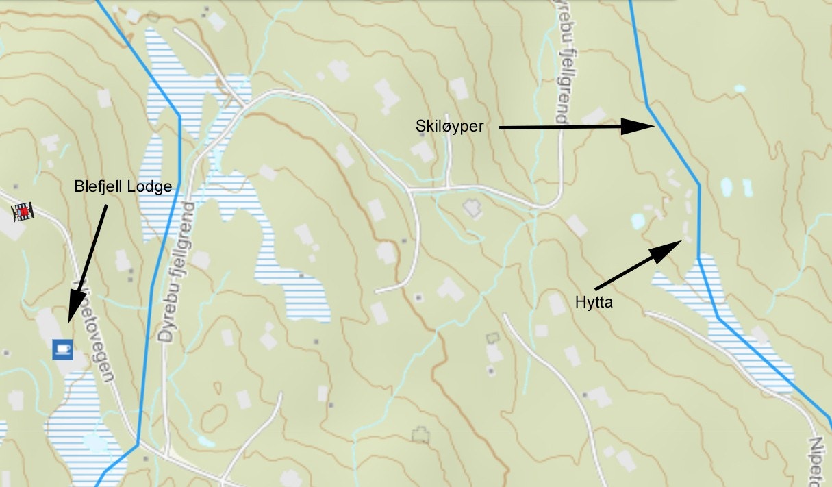 Oversiktskart som viser hyttens plassering ift løypenett og Blefjell Lodge. Galleribilde