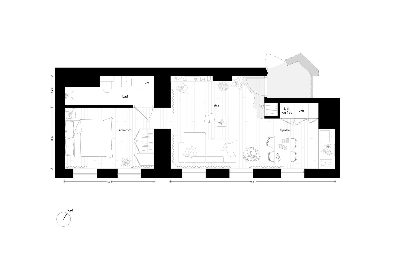 Plantegningen viser en arealeffektiv og sosial planløsning som utnytter hver kvadratmeter
optimalt - helt uten unødvendige korridorer. Galleribilde