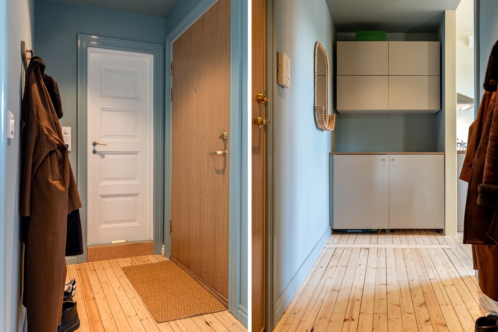 Lys og innbydende entré/gang med dørcalling. I gangen er det opplegg for vaskemaskin bygd inn med skapdører og benkeplate. God plass til henging av yttertøy og oppbevaring i skap Galleribilde